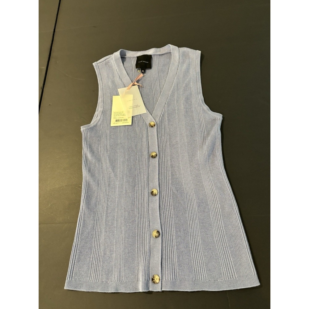 Alex Marie Knit Jessica Button Front V-Neck Sleeveless Cardigan Blue NWT Size M